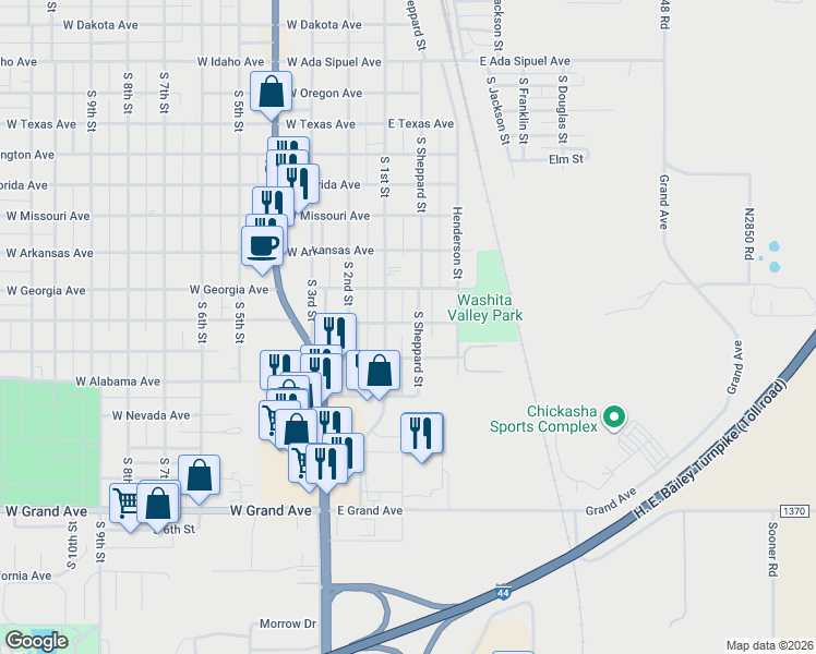 map of restaurants, bars, coffee shops, grocery stores, and more near 114 E Tennessee Ave in Chickasha