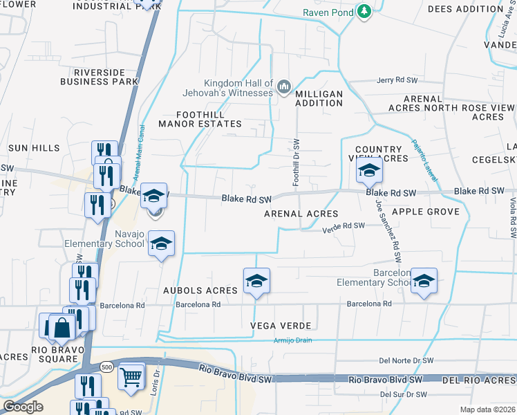 map of restaurants, bars, coffee shops, grocery stores, and more near 2918 Blake Road Southwest in Albuquerque