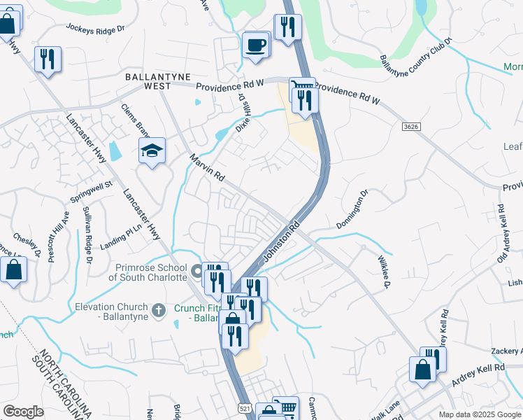 map of restaurants, bars, coffee shops, grocery stores, and more near 15641 Castle Watch Avenue in Charlotte
