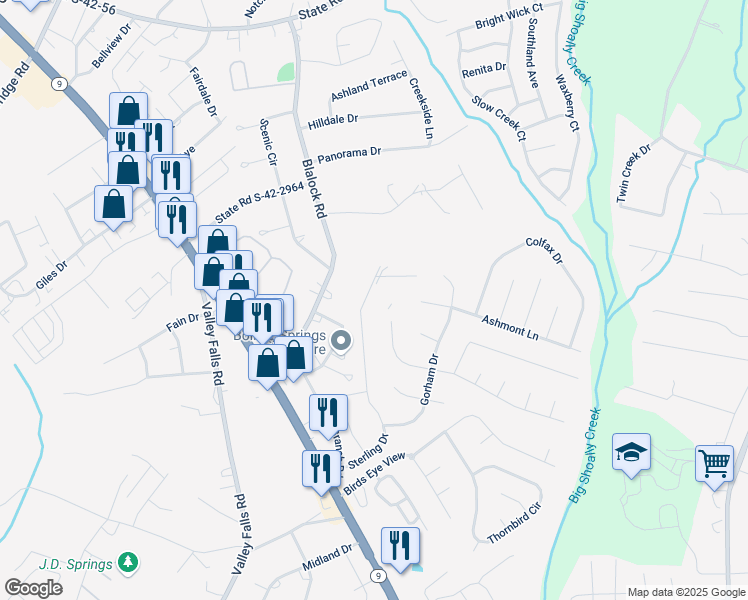 map of restaurants, bars, coffee shops, grocery stores, and more near 402 Chippendale Lane in Boiling Springs