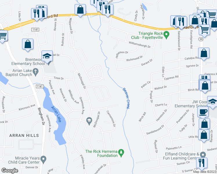 map of restaurants, bars, coffee shops, grocery stores, and more near 5854 Aftonshire Drive in Fayetteville