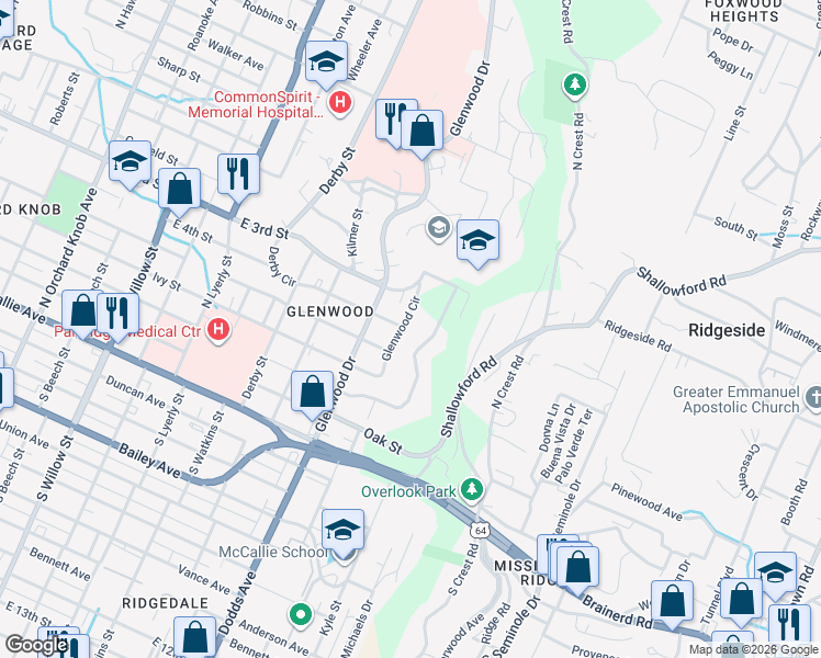 map of restaurants, bars, coffee shops, grocery stores, and more near 300 Glenwood Circle in Chattanooga