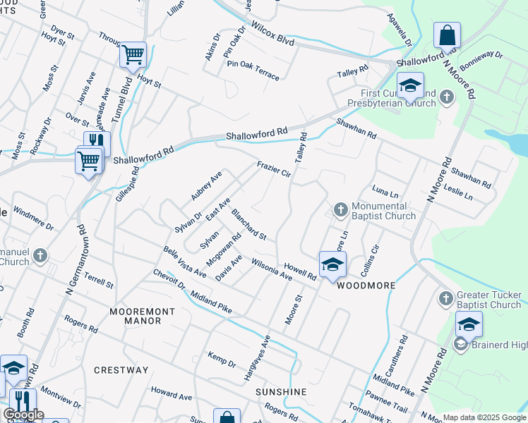 map of restaurants, bars, coffee shops, grocery stores, and more near 4005 McDowell Street in Chattanooga