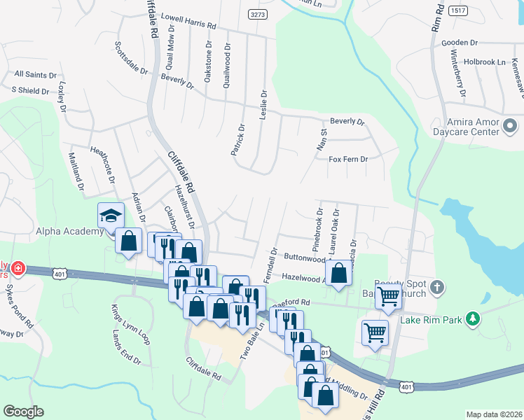map of restaurants, bars, coffee shops, grocery stores, and more near 1544 Rossmore Drive in Fayetteville