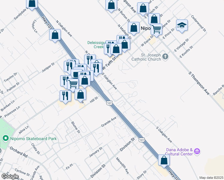 map of restaurants, bars, coffee shops, grocery stores, and more near 421 Souza Drive in Nipomo