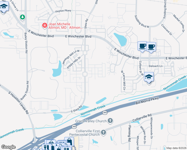 map of restaurants, bars, coffee shops, grocery stores, and more near 1245 East Winchester Boulevard in Collierville
