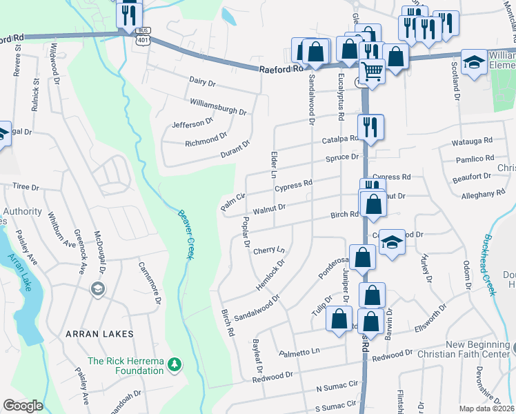 map of restaurants, bars, coffee shops, grocery stores, and more near 5306 Walnut Drive in Fayetteville