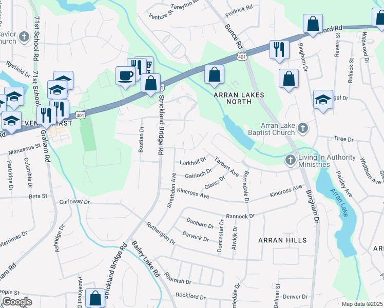 map of restaurants, bars, coffee shops, grocery stores, and more near 6435 Applecross Avenue in Fayetteville