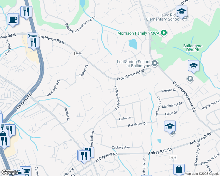 map of restaurants, bars, coffee shops, grocery stores, and more near 10226 Old Ardrey Kell Road in Charlotte
