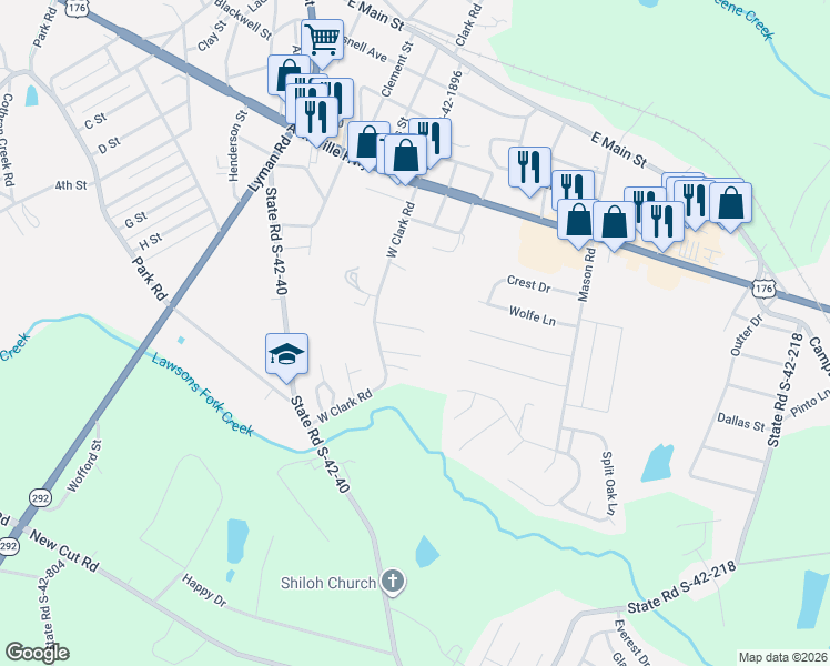 map of restaurants, bars, coffee shops, grocery stores, and more near 340 Miller Point Drive in Inman