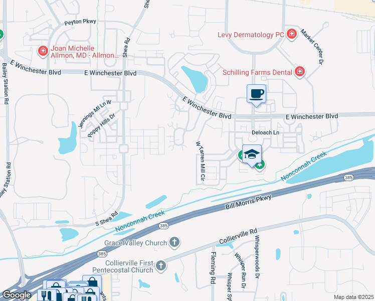 map of restaurants, bars, coffee shops, grocery stores, and more near 1103 Oak Timber Circle in Collierville