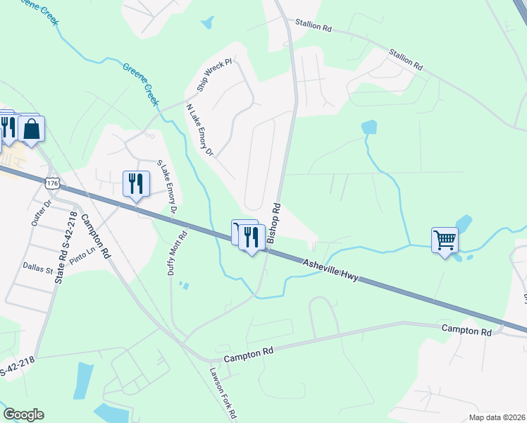 map of restaurants, bars, coffee shops, grocery stores, and more near 214 Highland Springs Loop in Inman
