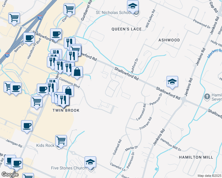 map of restaurants, bars, coffee shops, grocery stores, and more near 7506 Shallowford Road in Chattanooga