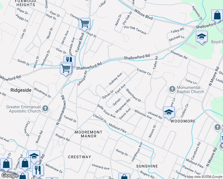 map of restaurants, bars, coffee shops, grocery stores, and more near 811 Sylvan Dr in Chattanooga