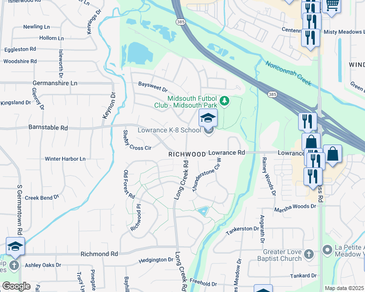 map of restaurants, bars, coffee shops, grocery stores, and more near 4145 Long Creek Road in Memphis