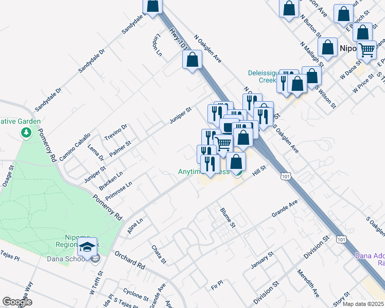 map of restaurants, bars, coffee shops, grocery stores, and more near 650 Oak Terrace Lane in Nipomo