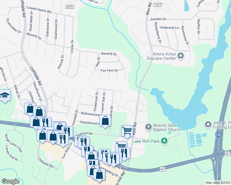 map of restaurants, bars, coffee shops, grocery stores, and more near 7735 Redwood Ave in Fayetteville