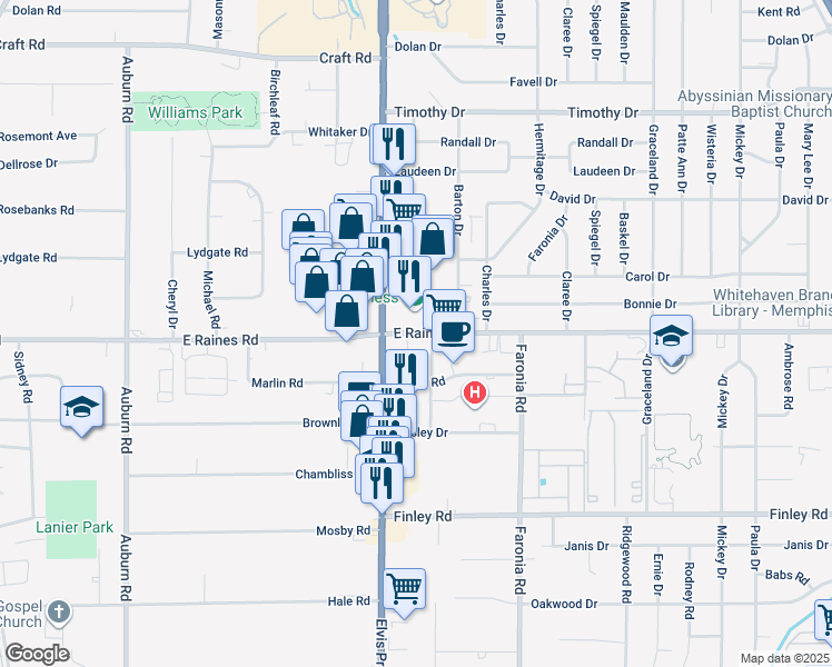 map of restaurants, bars, coffee shops, grocery stores, and more near 1200 East Raines Road in Memphis