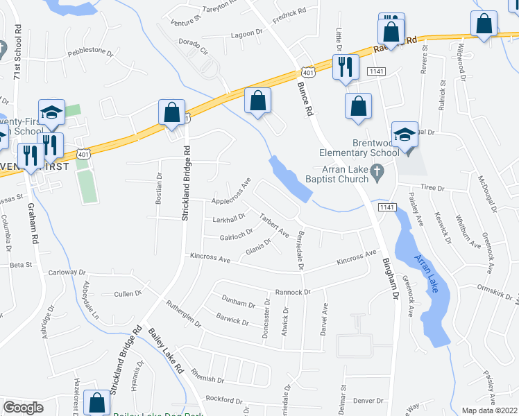 map of restaurants, bars, coffee shops, grocery stores, and more near 6420 Tarbert Avenue in Fayetteville