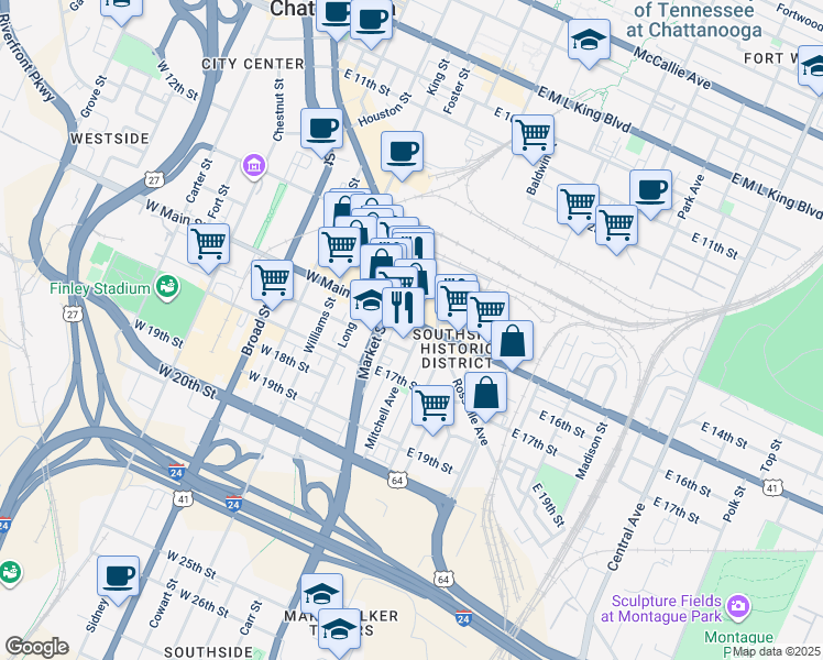 map of restaurants, bars, coffee shops, grocery stores, and more near 32 East Main Street in Chattanooga