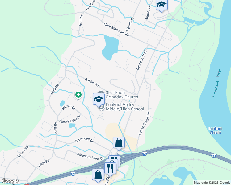 map of restaurants, bars, coffee shops, grocery stores, and more near 3325 Adkins Rd in Chattanooga