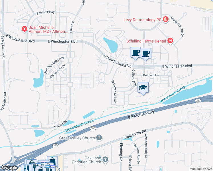 map of restaurants, bars, coffee shops, grocery stores, and more near 1103 Oak Timber Circle in Collierville