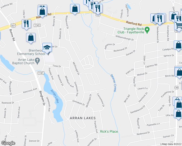 map of restaurants, bars, coffee shops, grocery stores, and more near Tangora Lane in Fayetteville