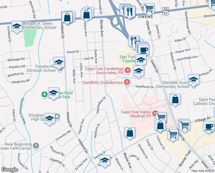 map of restaurants, bars, coffee shops, grocery stores, and more near 809 Roxie Avenue in Fayetteville