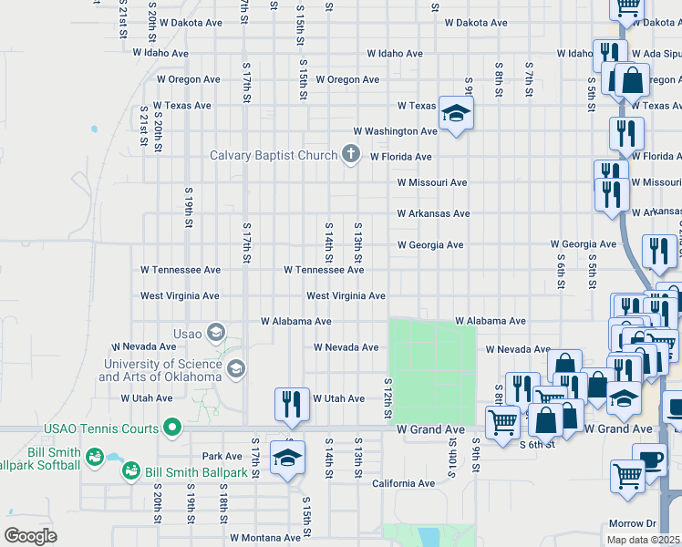 map of restaurants, bars, coffee shops, grocery stores, and more near 1501 South 14th Street in Chickasha