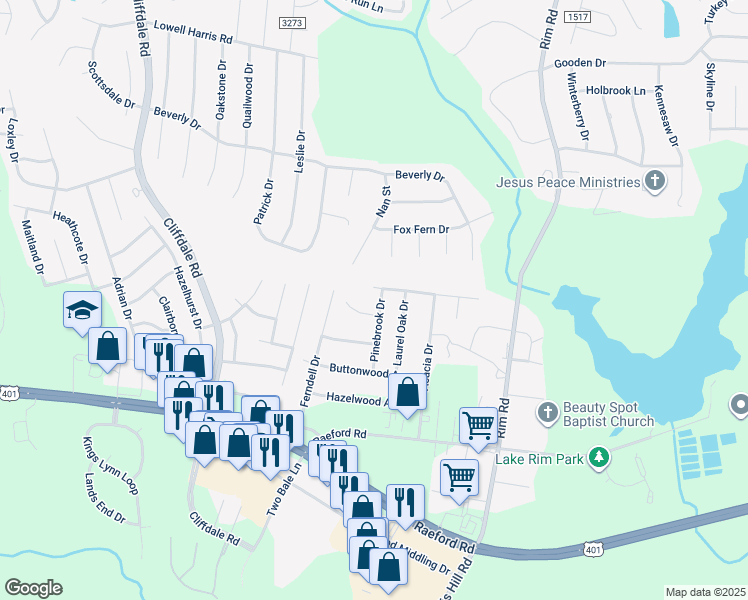 map of restaurants, bars, coffee shops, grocery stores, and more near 1508 Pinebrook Dr in Fayetteville