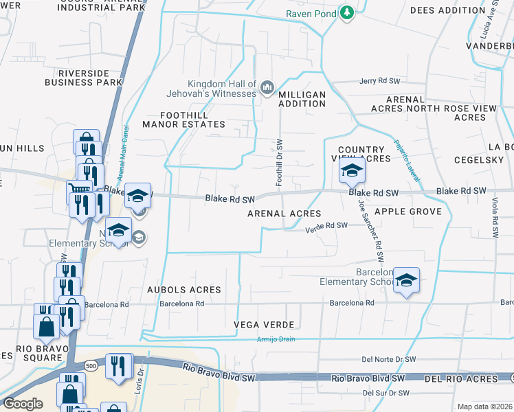 map of restaurants, bars, coffee shops, grocery stores, and more near 2918 Blake Road Southwest in Albuquerque