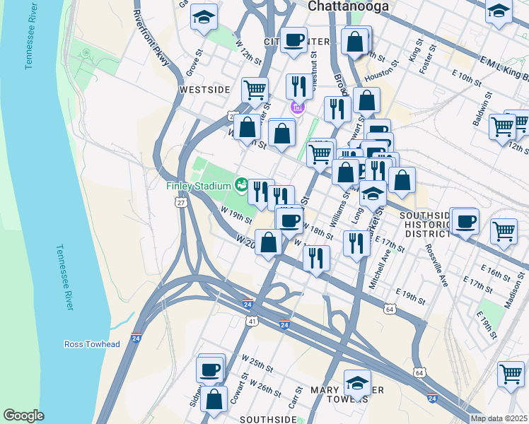 map of restaurants, bars, coffee shops, grocery stores, and more near 1810 Chestnut Street in Chattanooga