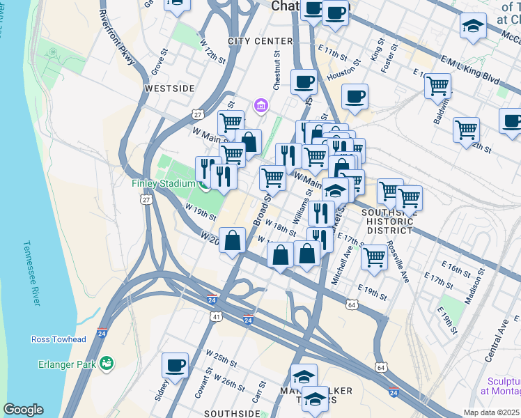 map of restaurants, bars, coffee shops, grocery stores, and more near 1701 Broad Street in Chattanooga
