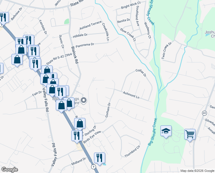 map of restaurants, bars, coffee shops, grocery stores, and more near 781 Ashmont Lane in Boiling Springs