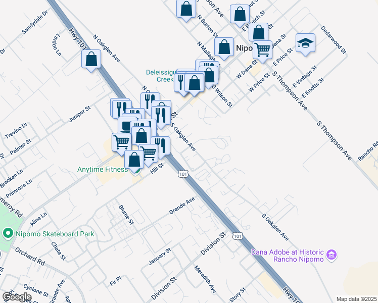 map of restaurants, bars, coffee shops, grocery stores, and more near 427 Souza Drive in Nipomo