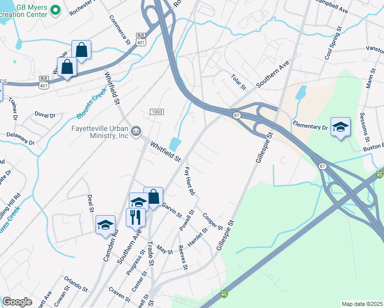 map of restaurants, bars, coffee shops, grocery stores, and more near 1001 Southern Avenue in Fayetteville