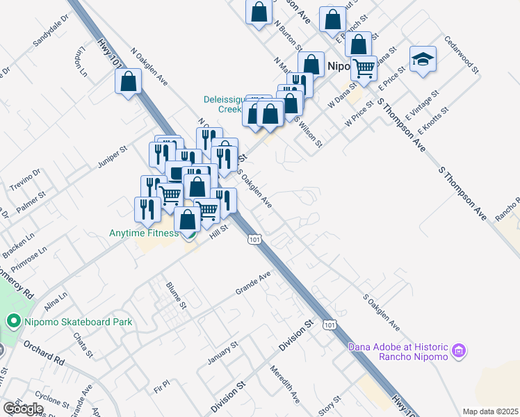 map of restaurants, bars, coffee shops, grocery stores, and more near 421 Souza Drive in Nipomo