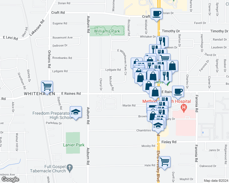 map of restaurants, bars, coffee shops, grocery stores, and more near 984 East Raines Road in Memphis