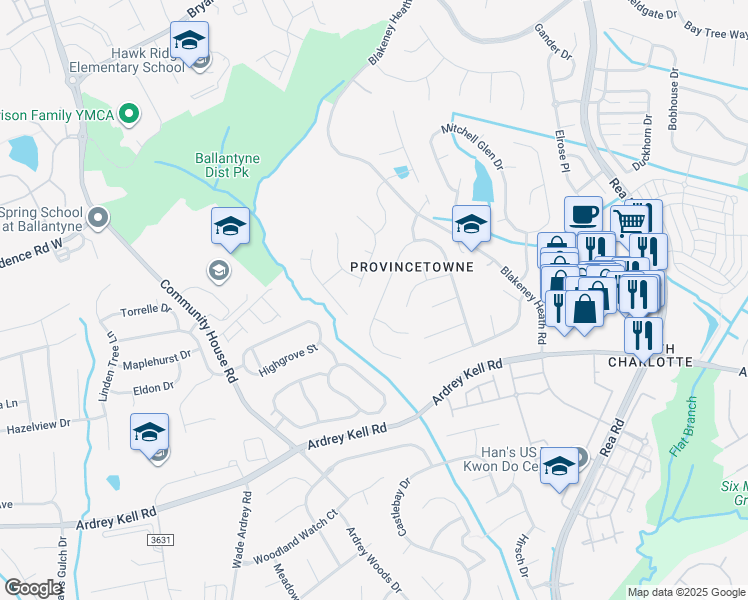 map of restaurants, bars, coffee shops, grocery stores, and more near 9327 Autumn Applause Drive in Charlotte