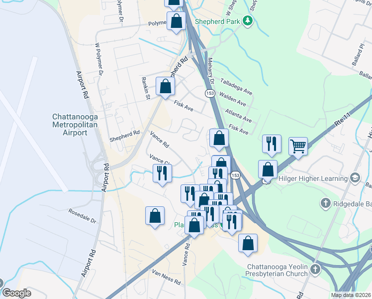 map of restaurants, bars, coffee shops, grocery stores, and more near 6135 Vance Road in Chattanooga