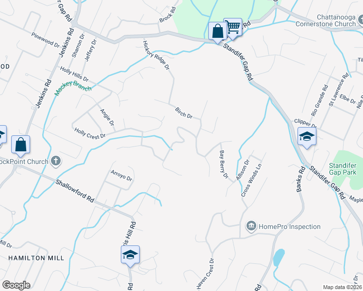 map of restaurants, bars, coffee shops, grocery stores, and more near 2334 Jennifer Drive in Chattanooga