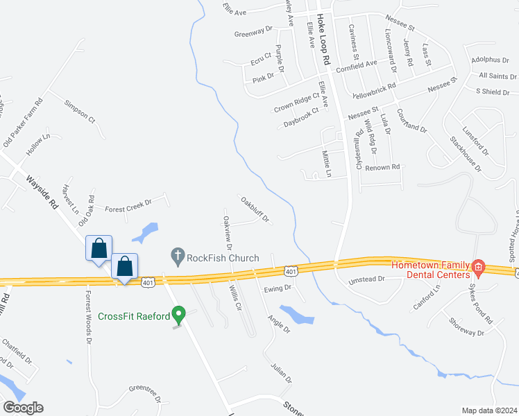 map of restaurants, bars, coffee shops, grocery stores, and more near 202 Oakbluff Drive in Raeford