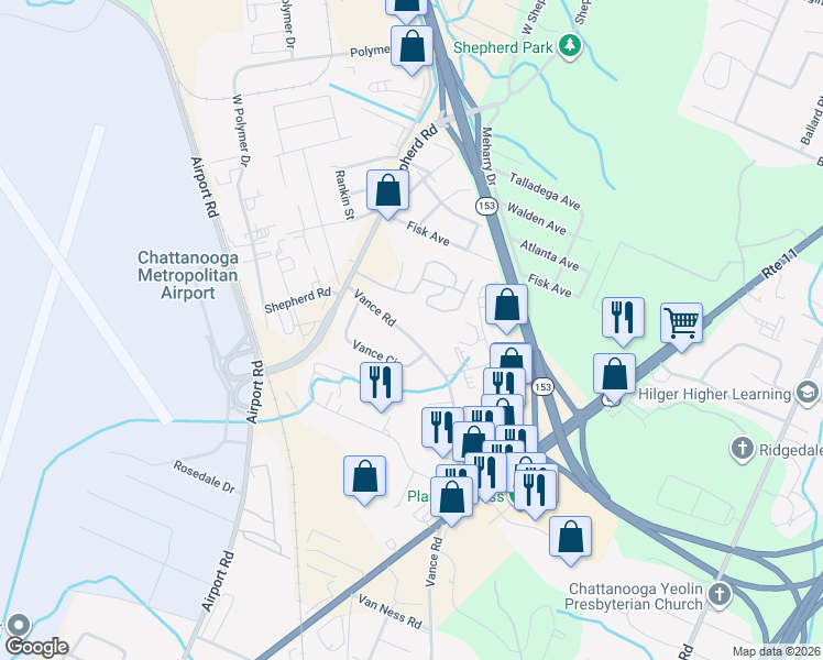 map of restaurants, bars, coffee shops, grocery stores, and more near 6135 Vance Road in Chattanooga