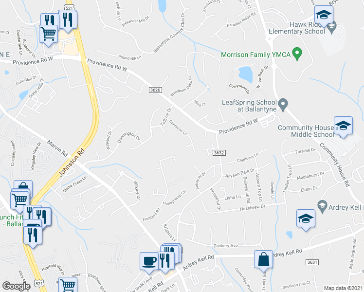 map of restaurants, bars, coffee shops, grocery stores, and more near 15516 Leazer Court in Charlotte