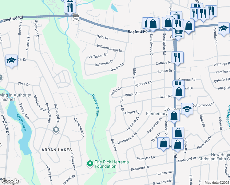 map of restaurants, bars, coffee shops, grocery stores, and more near 5403 Palm Circle in Fayetteville