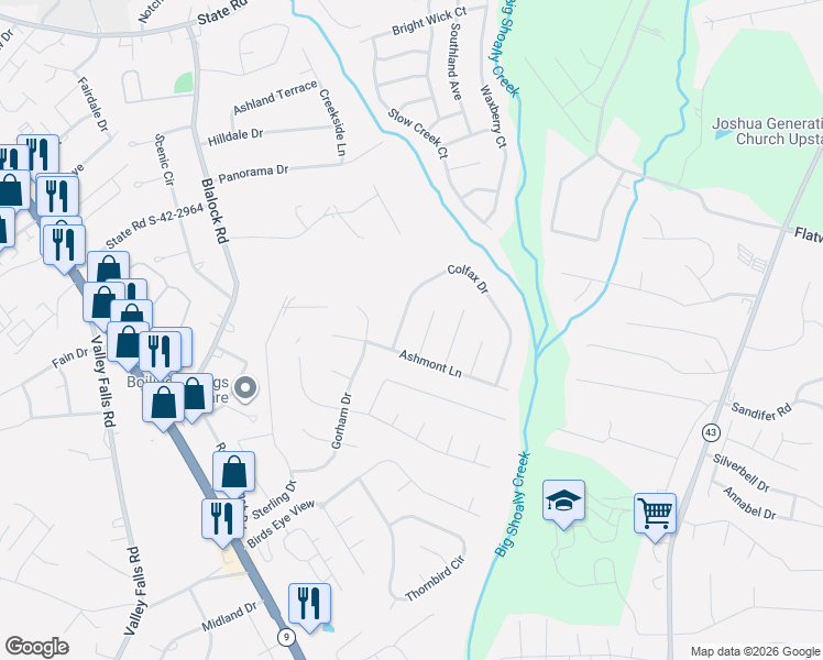 map of restaurants, bars, coffee shops, grocery stores, and more near 313 Verdana Court in Boiling Springs