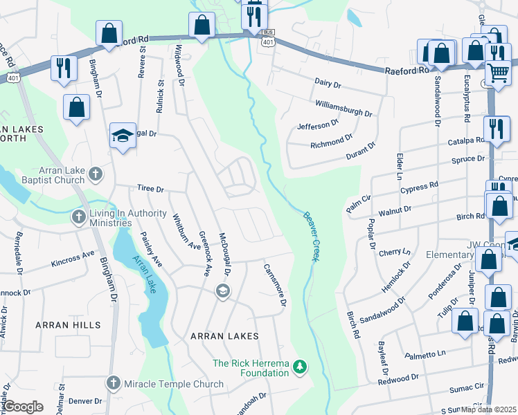 map of restaurants, bars, coffee shops, grocery stores, and more near 5858 Aftonshire Drive in Fayetteville