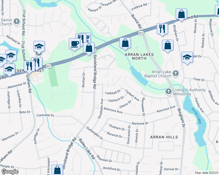 map of restaurants, bars, coffee shops, grocery stores, and more near 6435 Applecross Avenue in Fayetteville