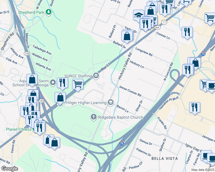 map of restaurants, bars, coffee shops, grocery stores, and more near 6717 Briana Way in Chattanooga