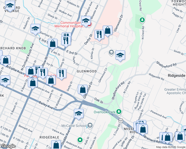 map of restaurants, bars, coffee shops, grocery stores, and more near 306 Glenwood Drive in Chattanooga